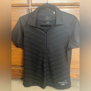 Lopez desert dry size M ladies golf shirt. Black-silver/gold  stripes